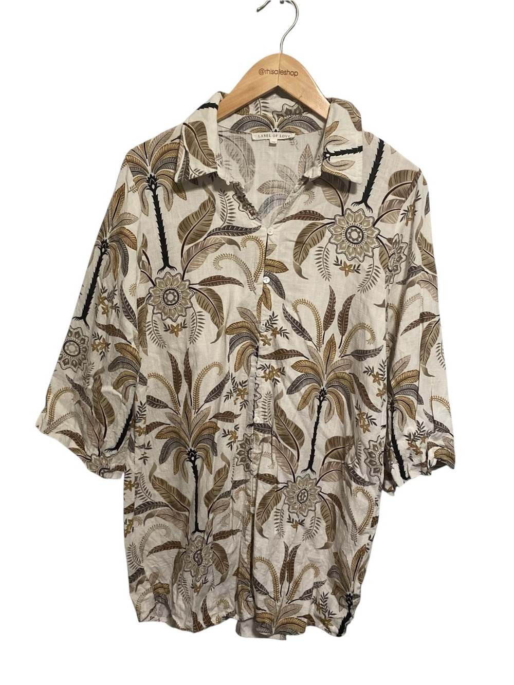 Label of Love Linen Blend Brown Neutral Floral Short Sleeve Button Down Tunic M